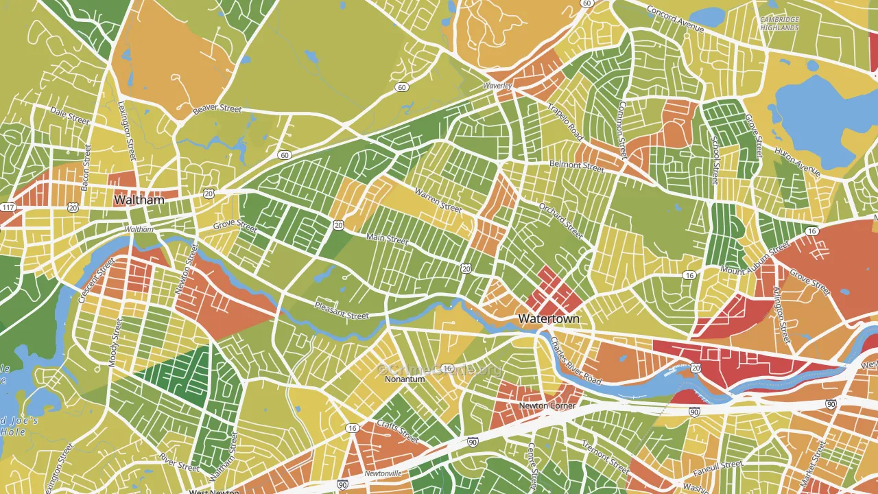 Bemis, Watertown Town, MA Map of Robbery Rates