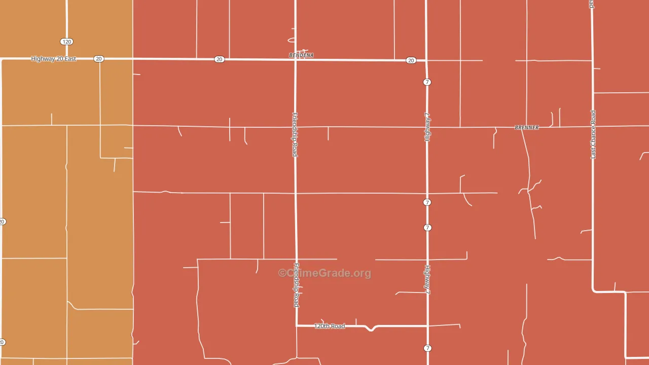 Bendena, KS Map of Robbery Rates