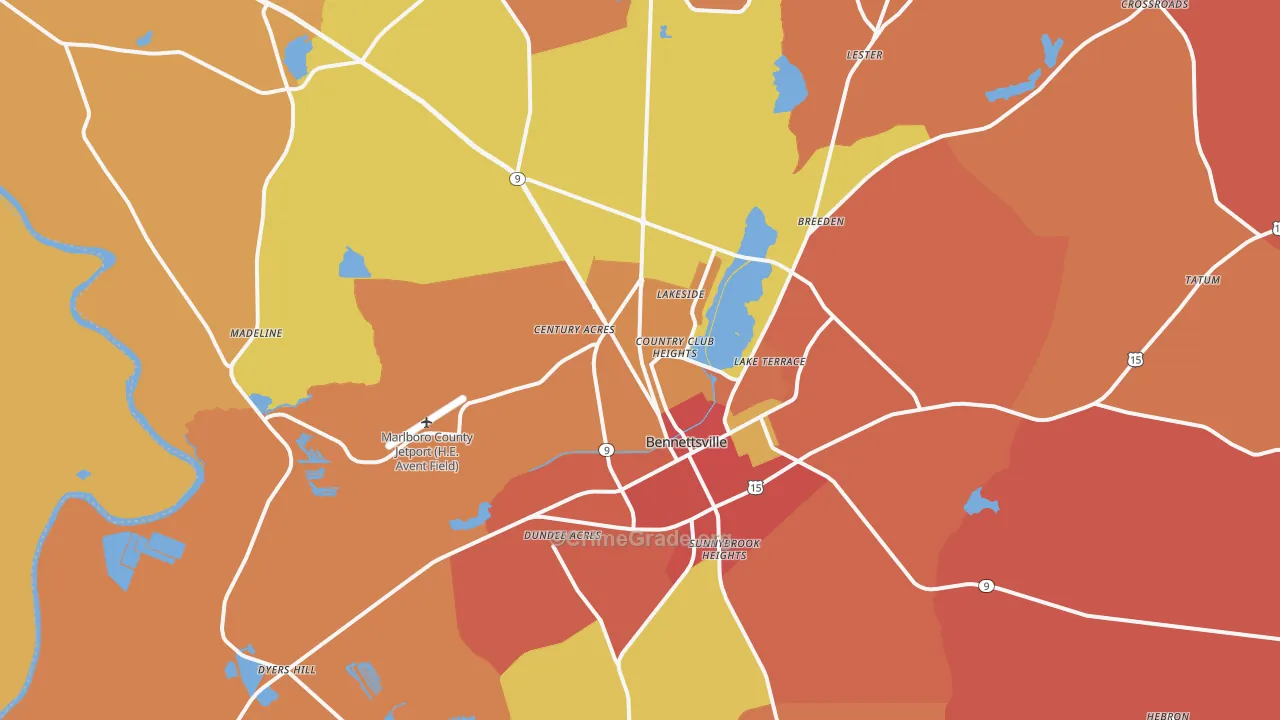 Bennettsville, SC Map of Robbery Rates