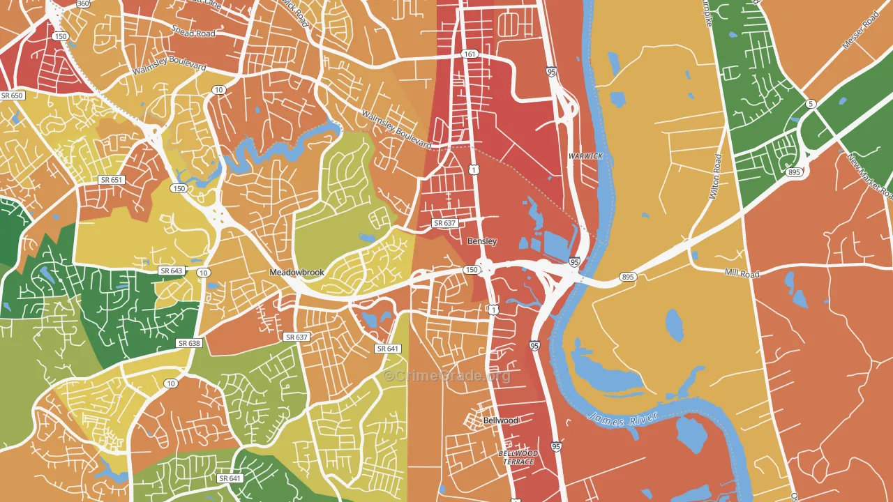 Bensley, VA Map of Robbery Rates