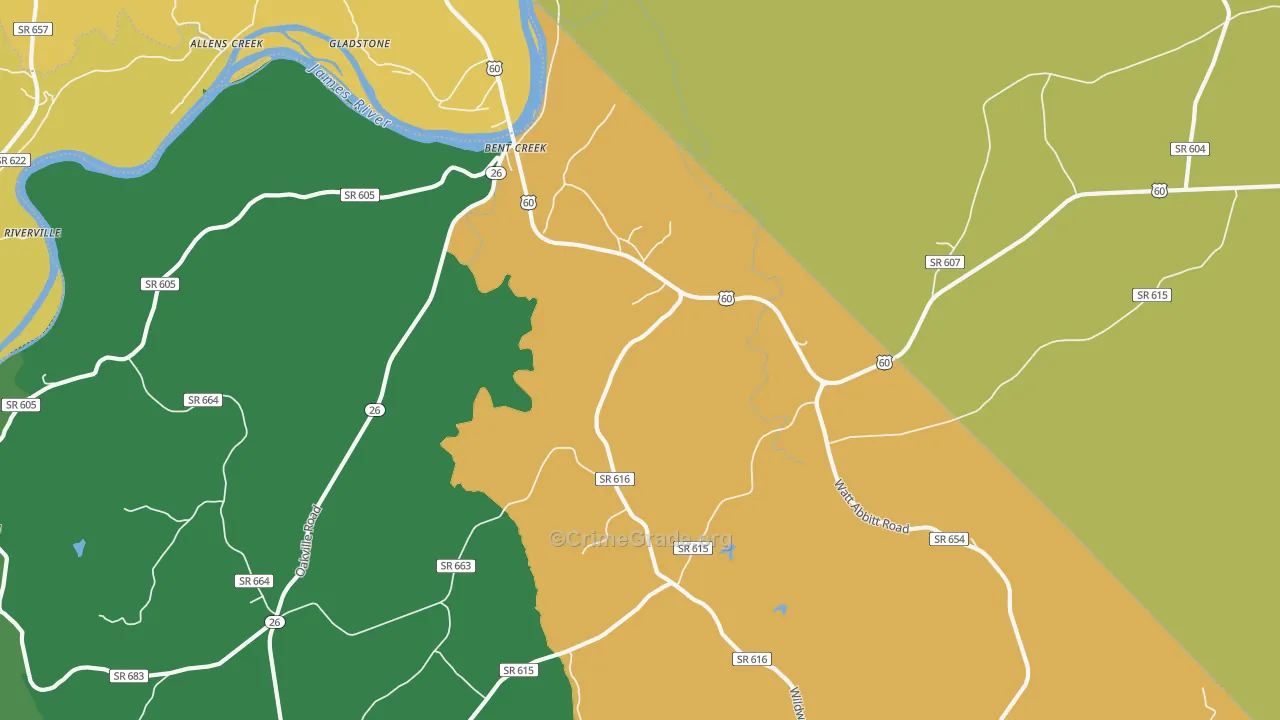 Bent Creek, VA Map of Robbery Rates