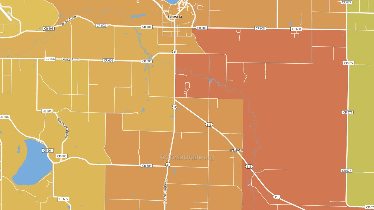 Benzonia, MI Map of Robbery Rates