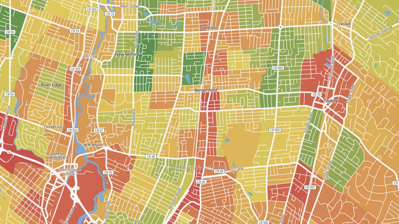 Bergenfield, NJ Map of Robbery Rates