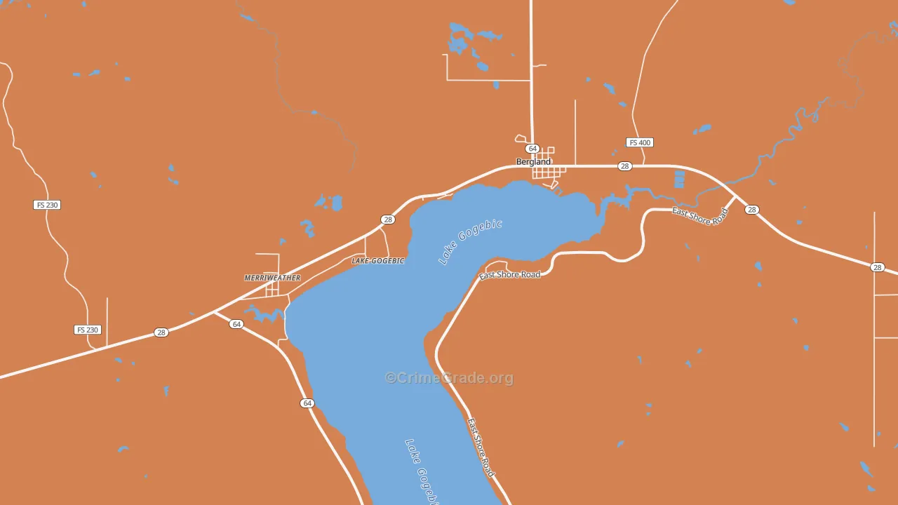 Bergland, MI Map of Robbery Rates