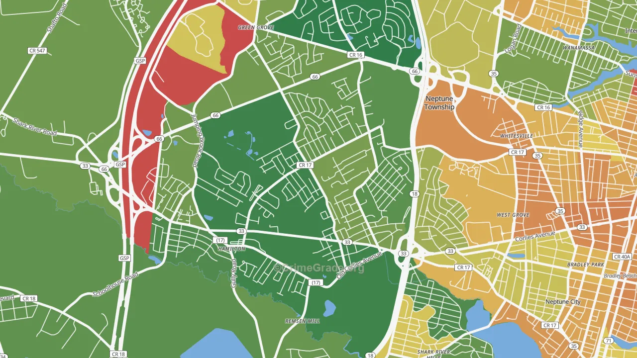 Berkley Estates, Neptune, NJ Map of Robbery Rates