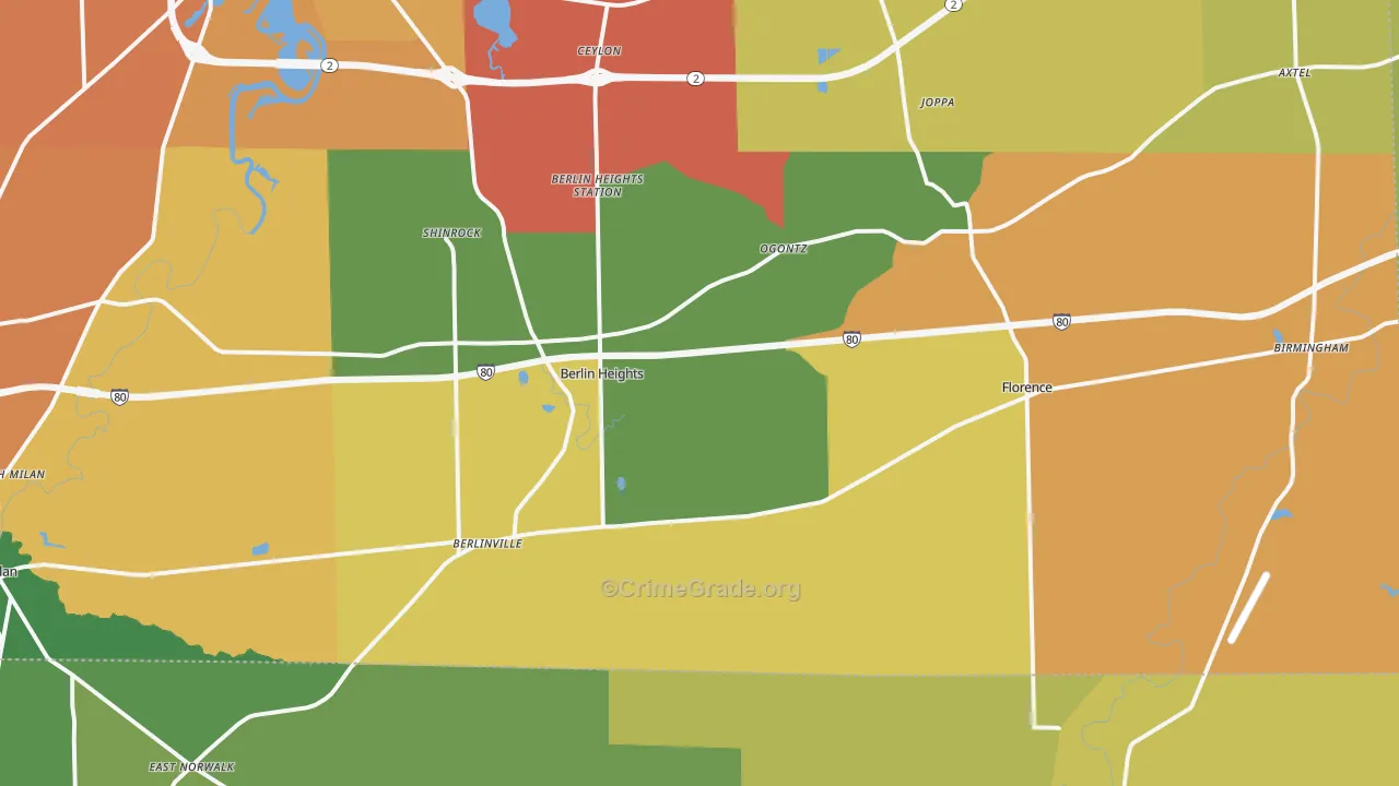 Berlin Heights, OH Map of Robbery Rates