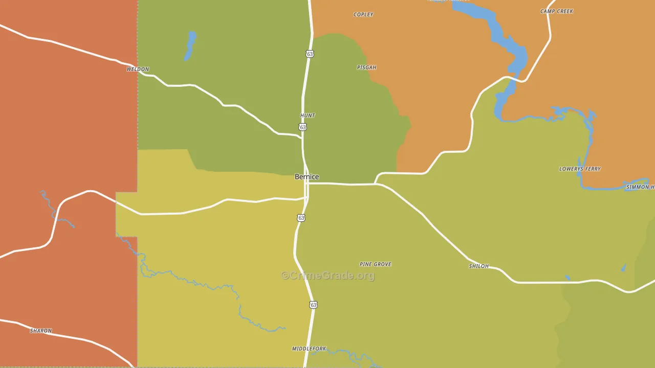 Bernice, LA Map of Robbery Rates