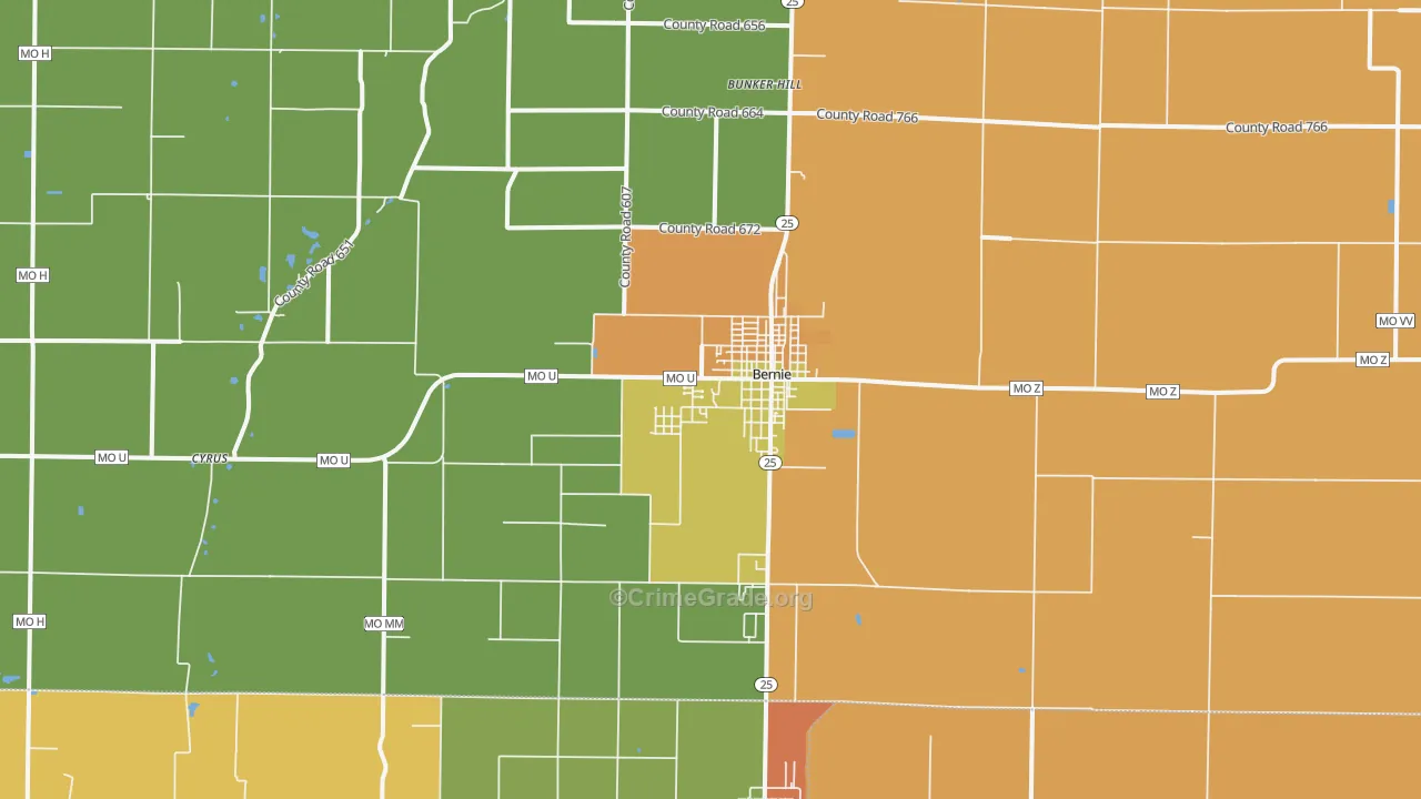 Bernie, MO Map of Robbery Rates
