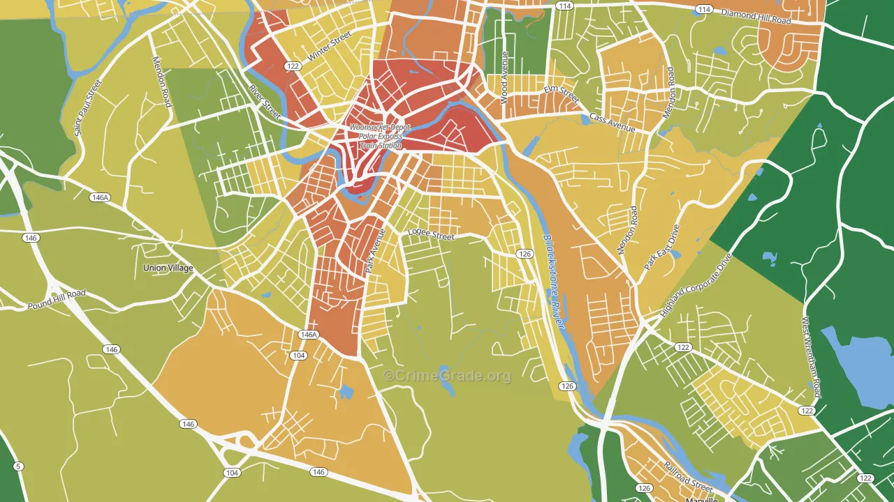 Bernon Heights, Woonsocket, RI Map of Robbery Rates