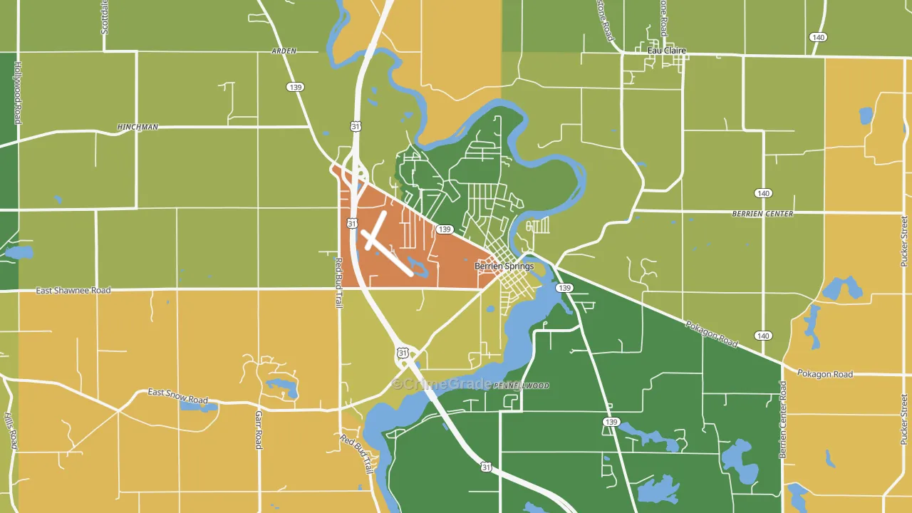 Berrien Springs, MI Map of Robbery Rates