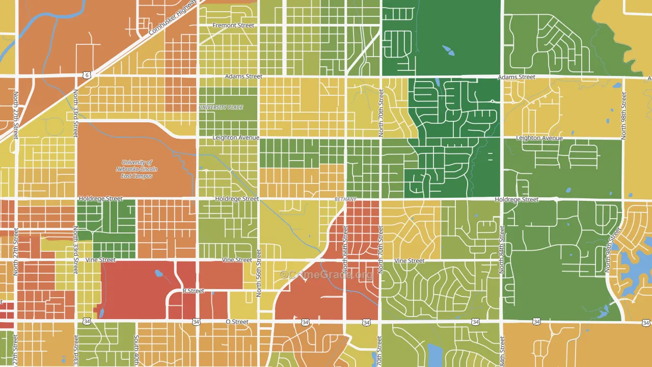 Bethany, Lincoln, NE Map of Robbery Rates