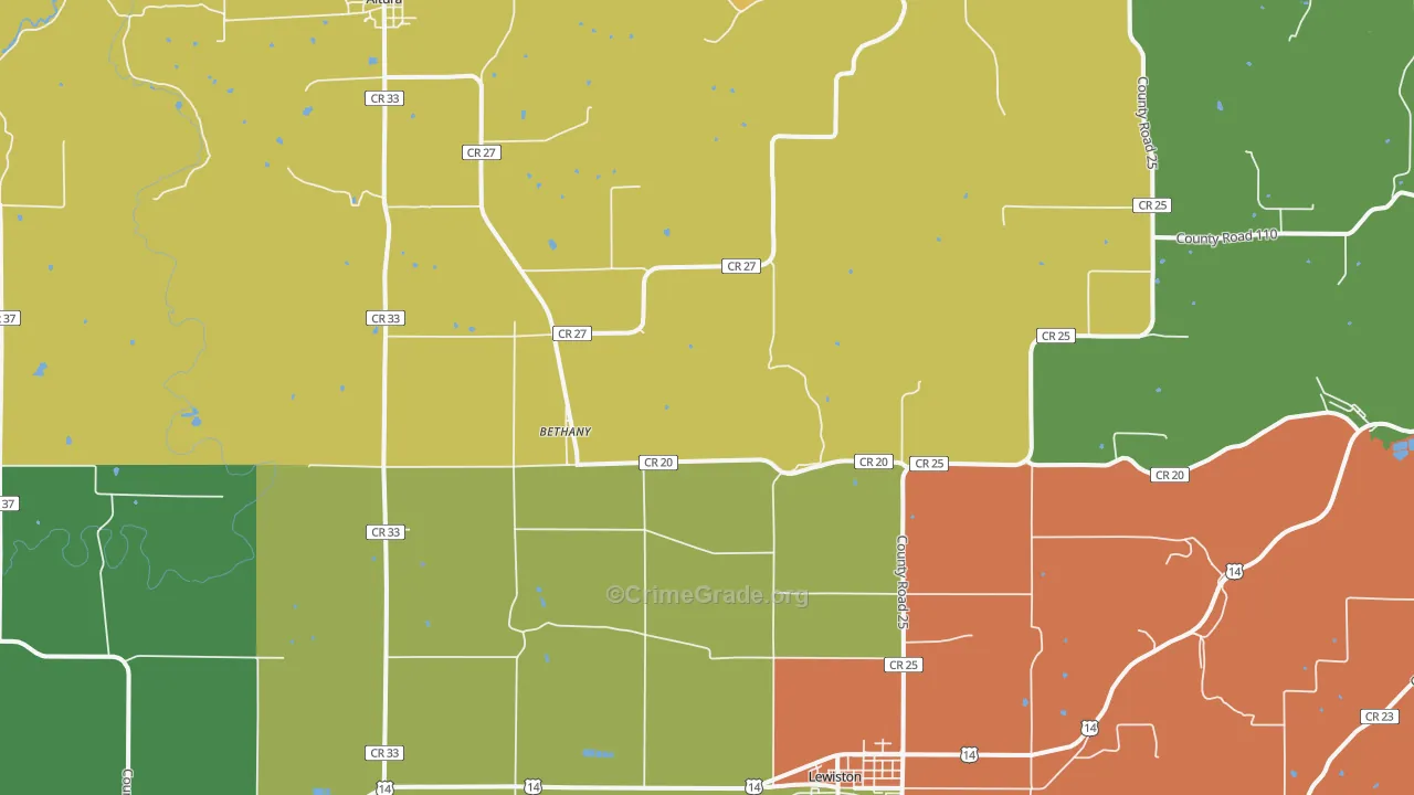Bethany, MN Map of Robbery Rates