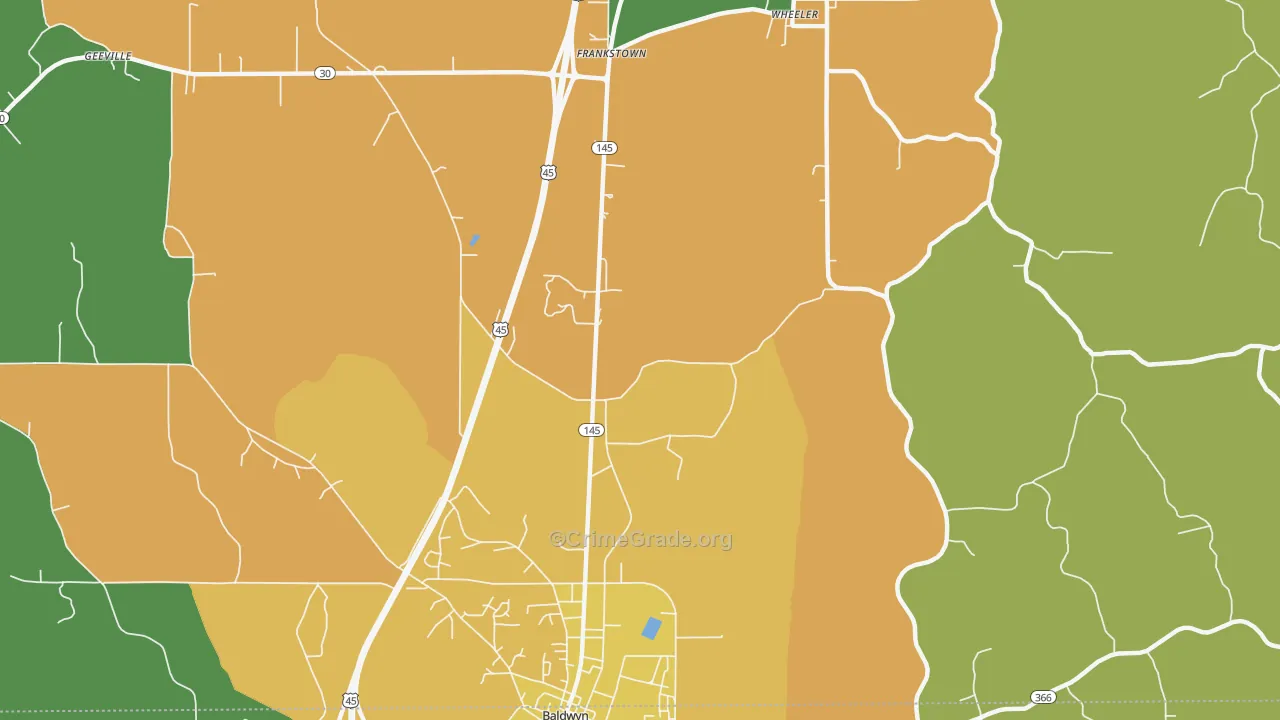 Bethany, MS Map of Robbery Rates
