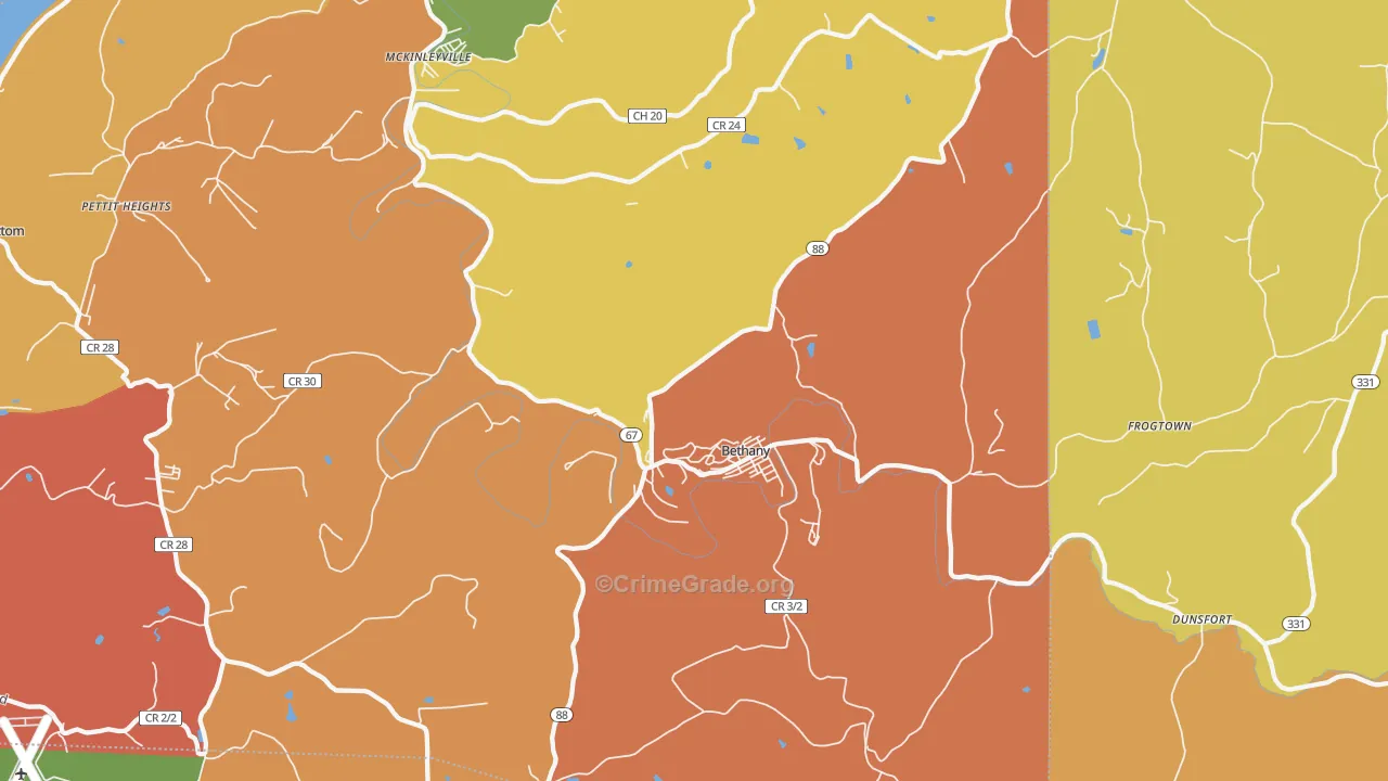 Bethany, WV Map of Robbery Rates