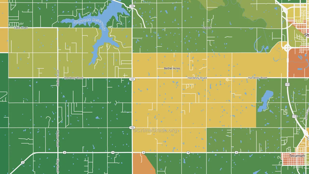 Bethel Acres, OK Map of Robbery Rates
