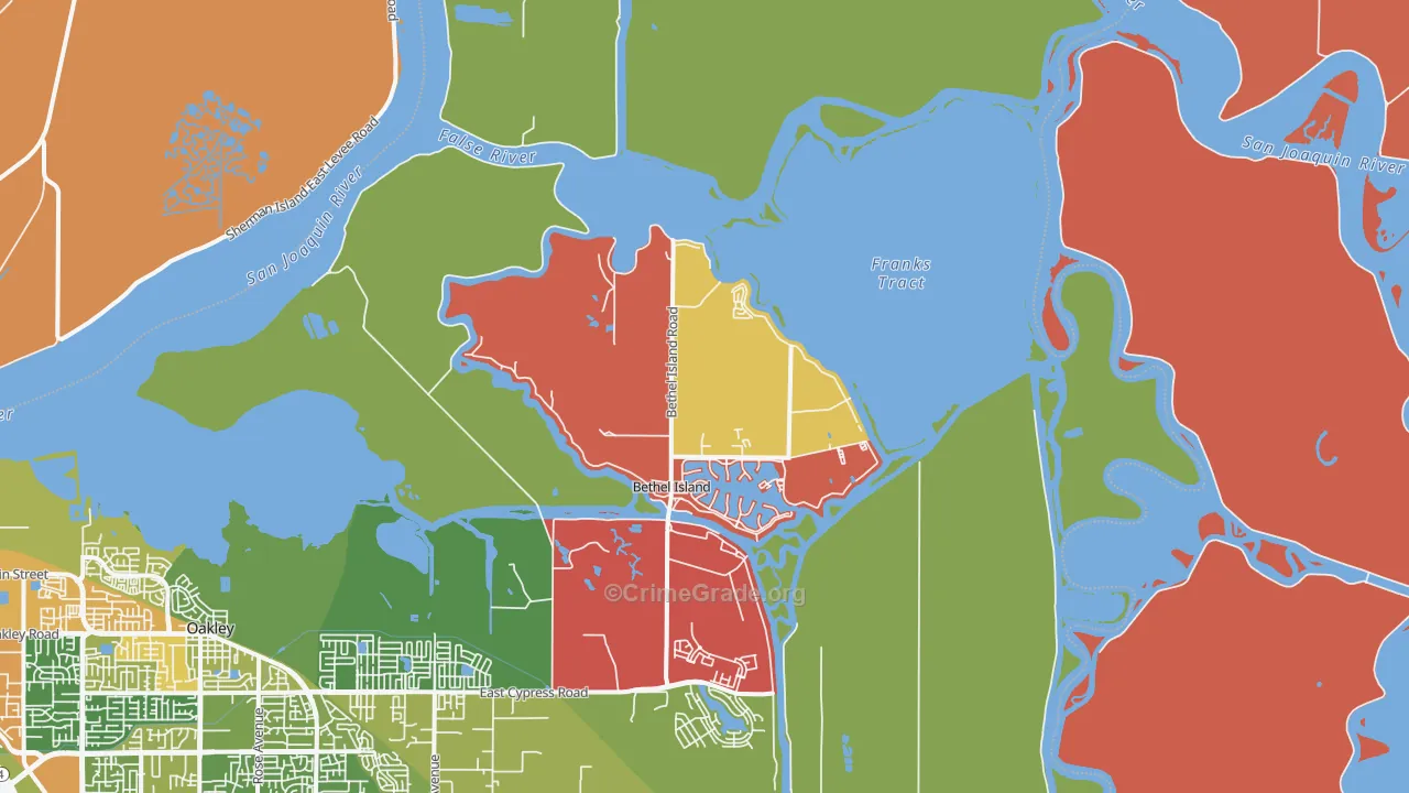 Bethel Island, CA Map of Robbery Rates