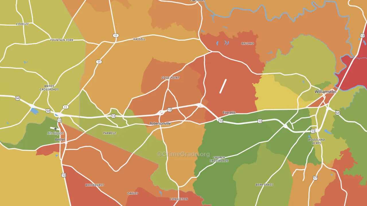 Bethel, NC Map of Robbery Rates