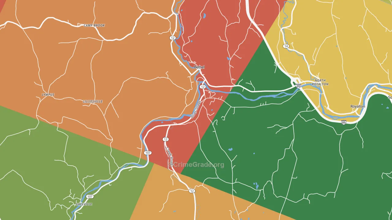 Bethel, VT Map of Robbery Rates