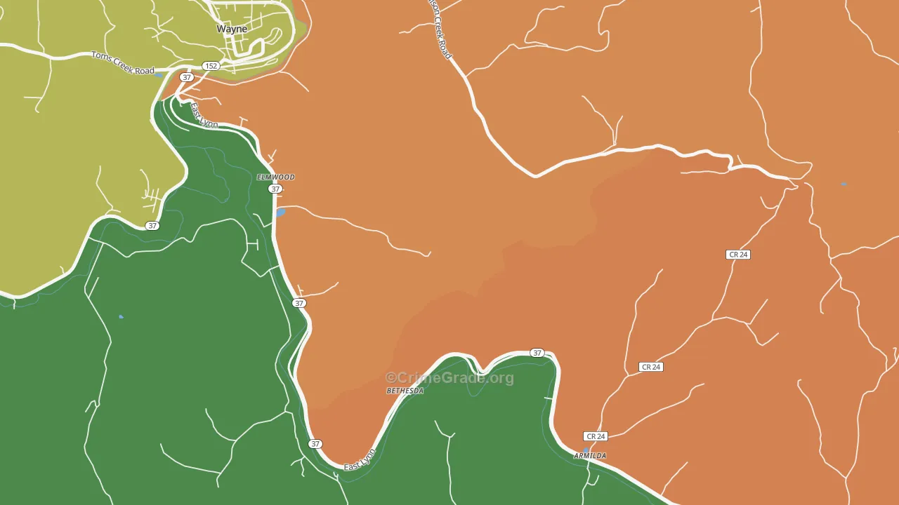 Bethesda, WV Map of Robbery Rates