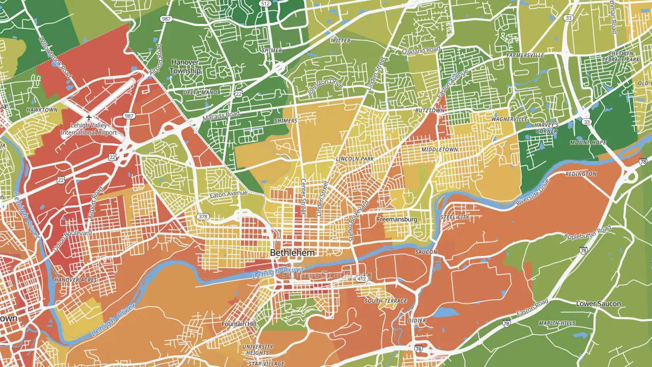 Bethlehem, PA Map of Robbery Rates