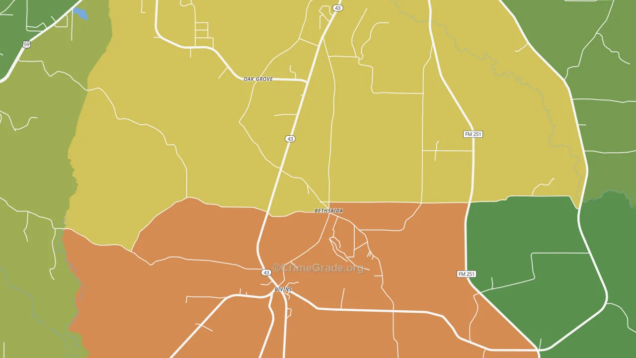 Bethsaida, TX Map of Robbery Rates