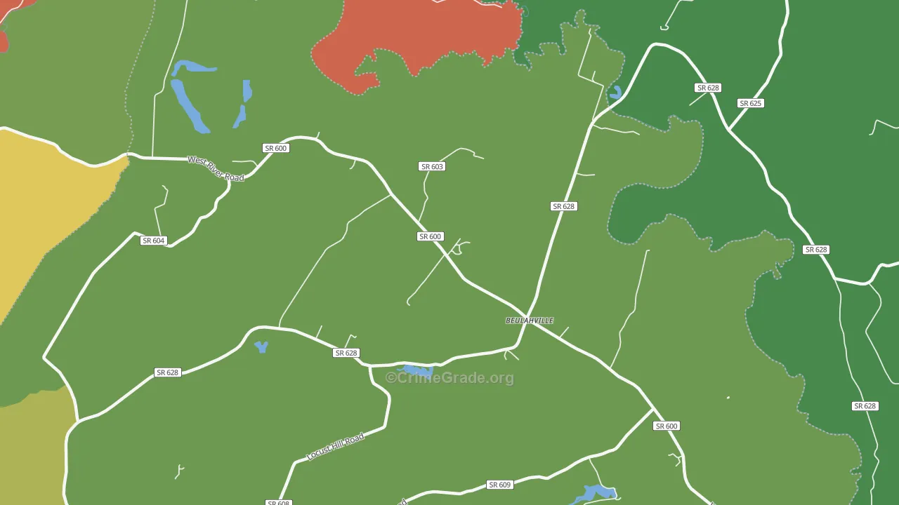 Beulahville, VA Map of Robbery Rates