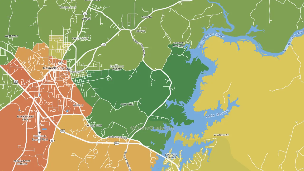 Bevelle, AL Map of Robbery Rates