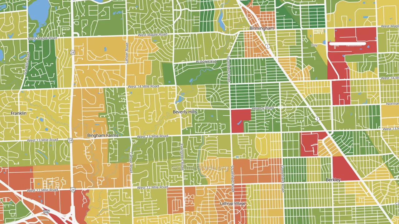 Beverly Hills, MI Map of Robbery Rates