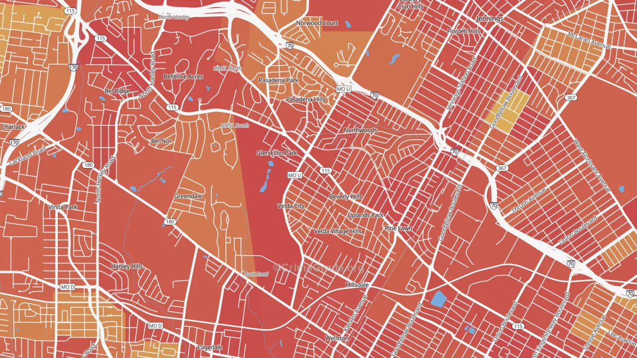 Beverly Hills, MO Map of Robbery Rates