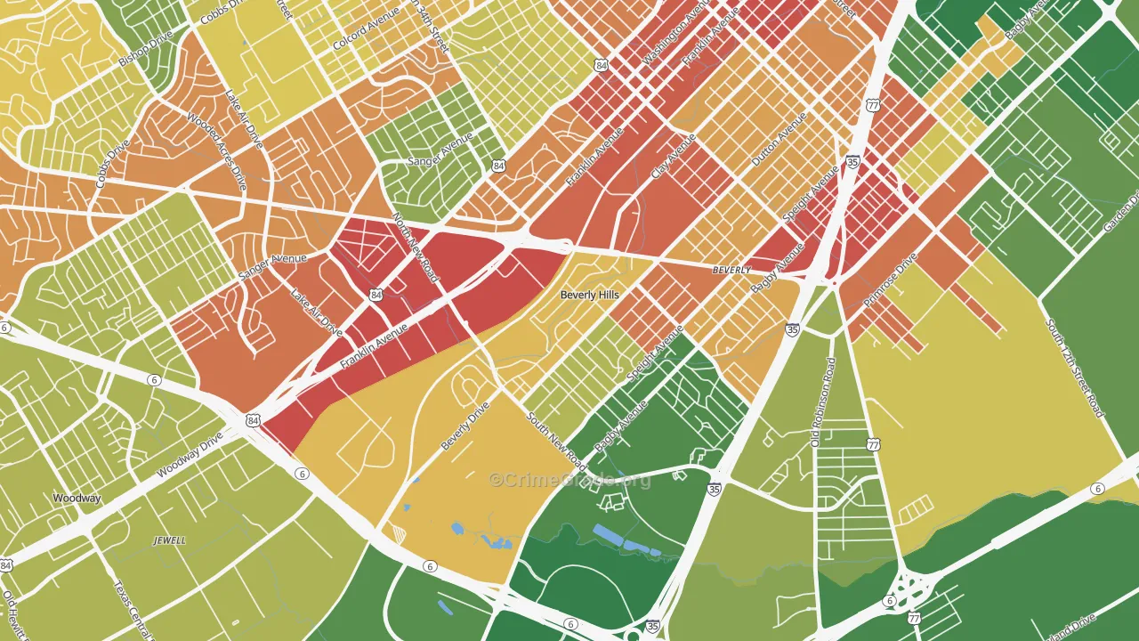 Beverly Hills, TX Map of Robbery Rates