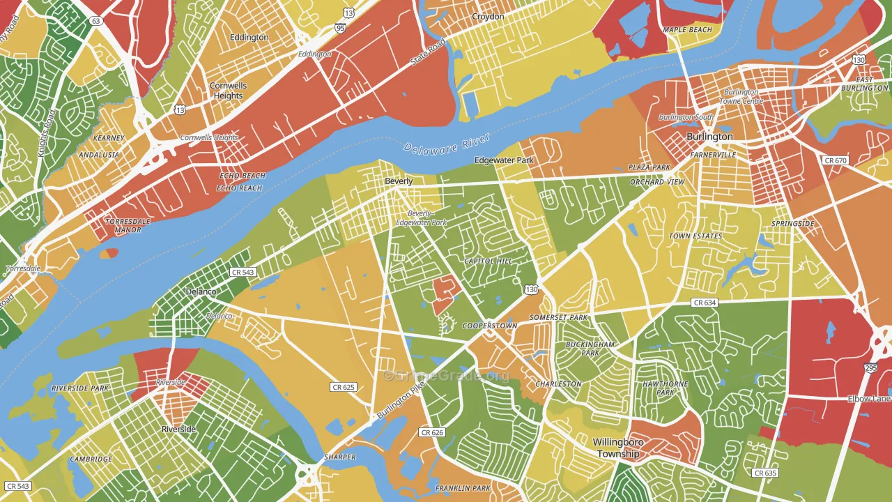 Beverly, NJ Map of Robbery Rates