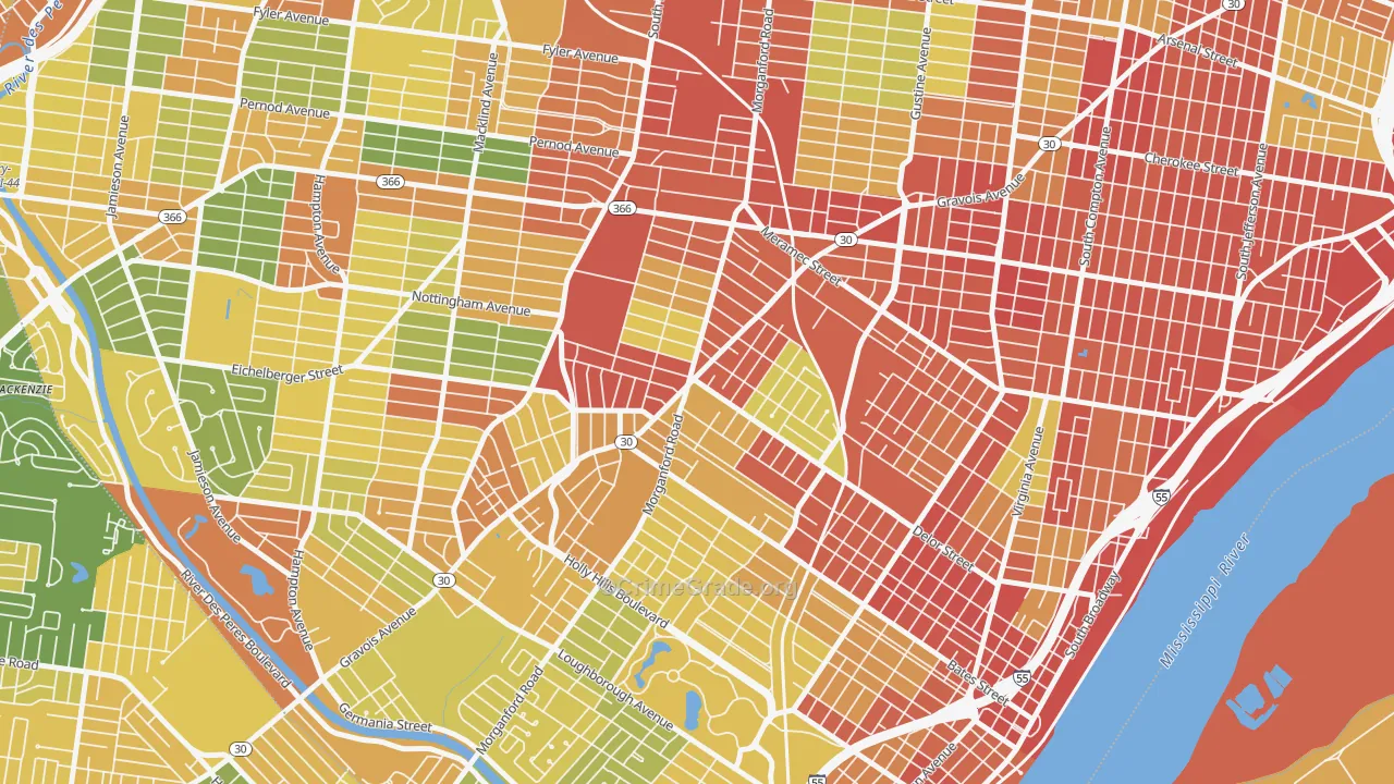 Bevo Mill, St. Louis, MO Map of Robbery Rates