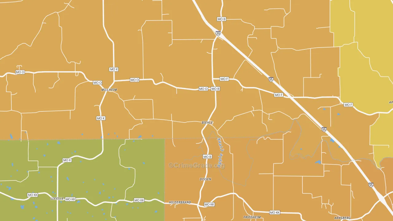 Biehle, MO Map of Robbery Rates