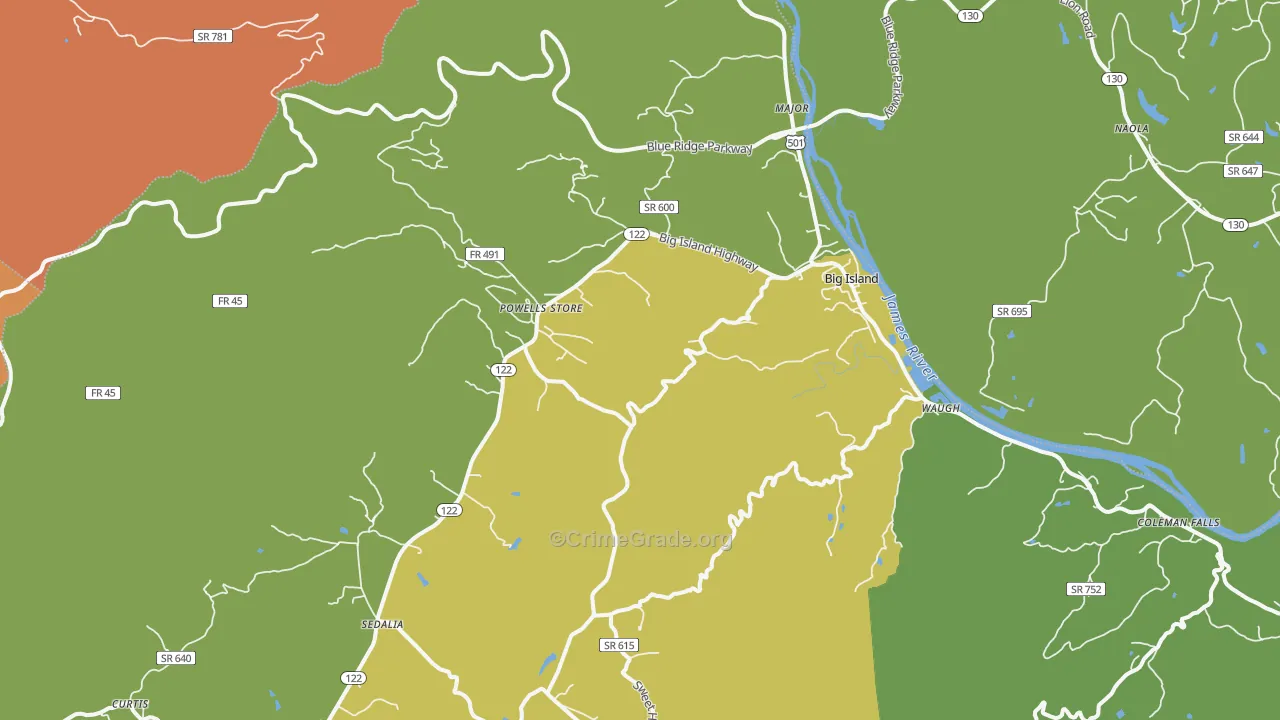 Big Island, VA Map of Robbery Rates