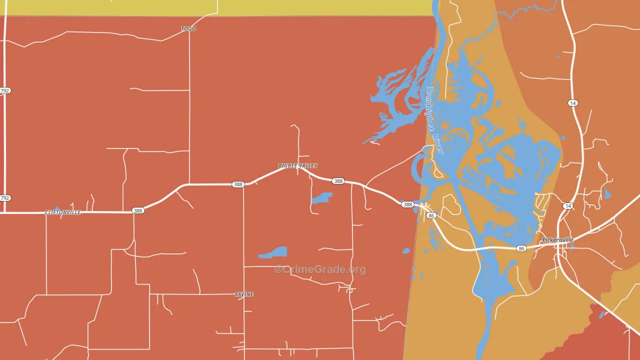 Bigbee Valley, MS Map of Robbery Rates