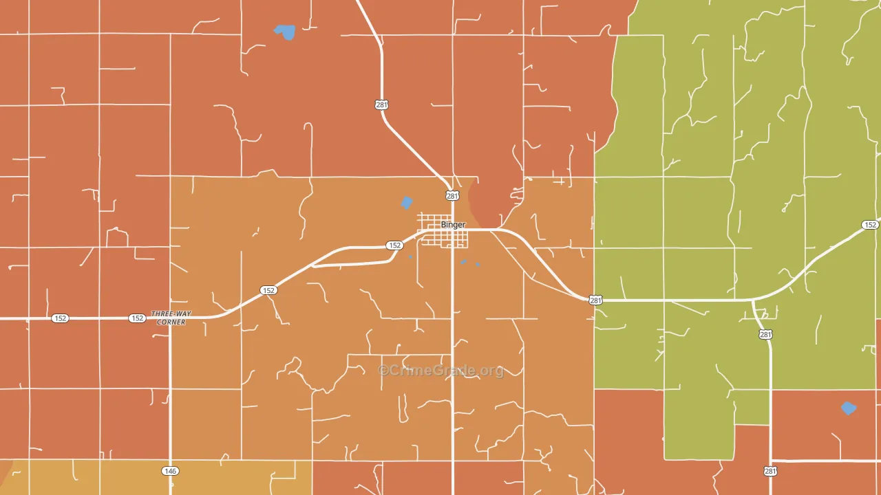Binger, OK Map of Robbery Rates