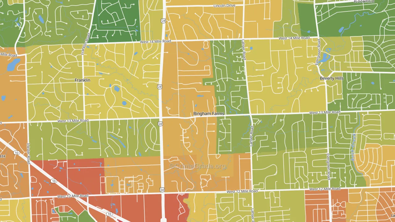 Bingham Farms, MI Map of Robbery Rates