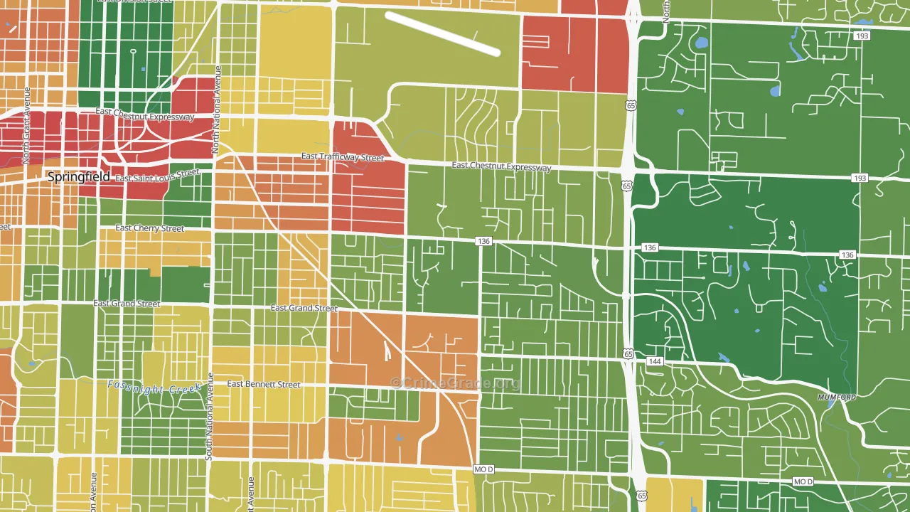 Bingham, Springfield, MO Map of Robbery Rates