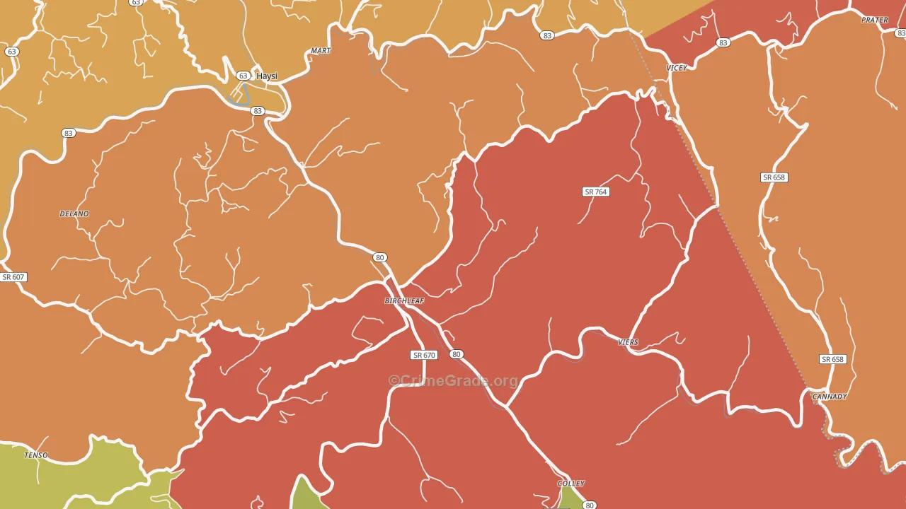 Birchleaf, VA Map of Robbery Rates