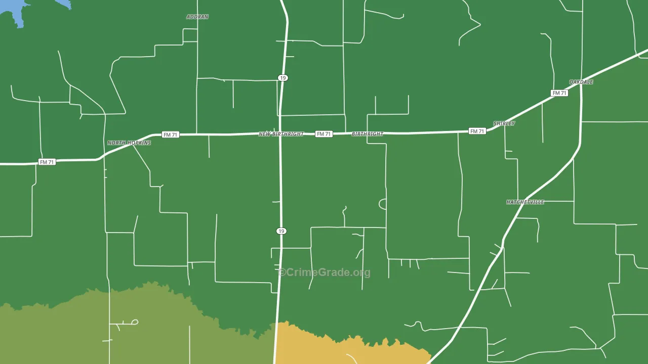 Birthright, TX Map of Robbery Rates
