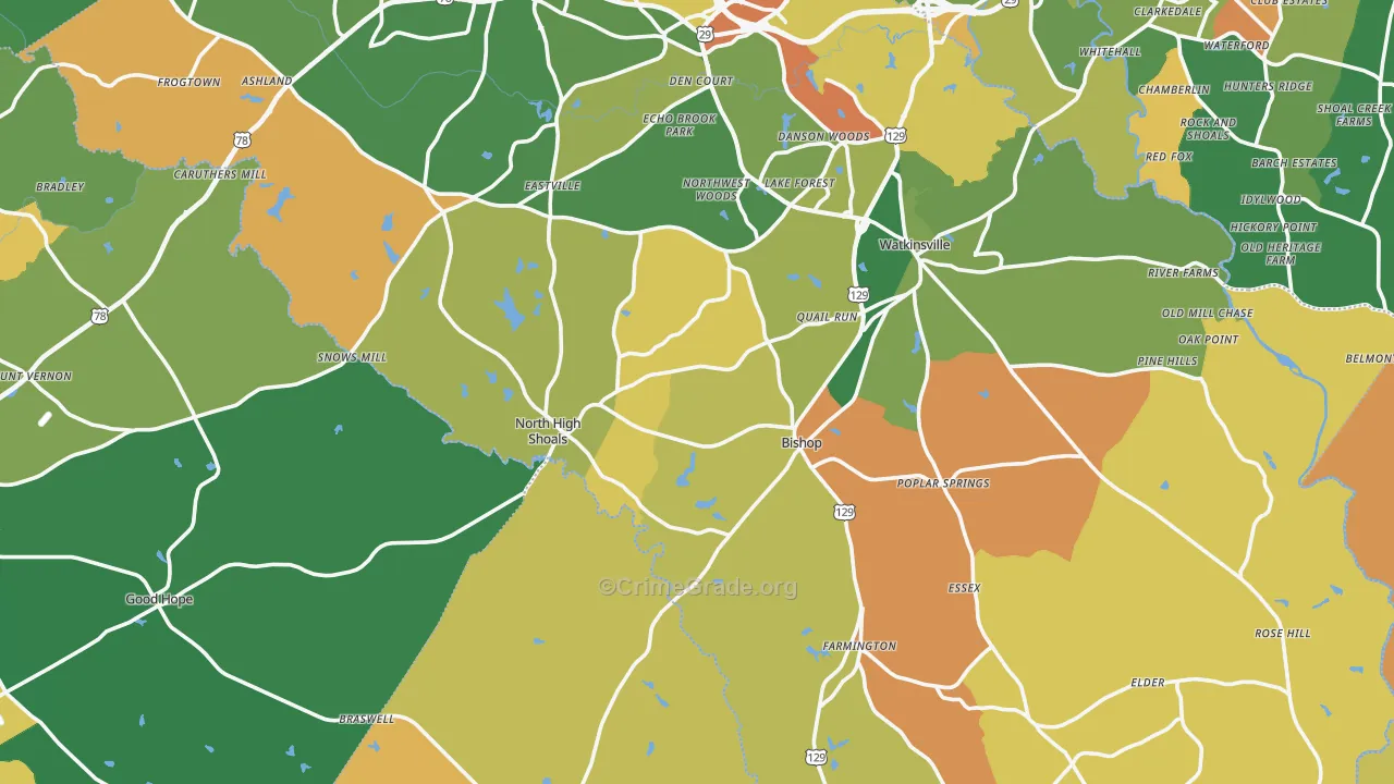 Bishop, GA Map of Robbery Rates