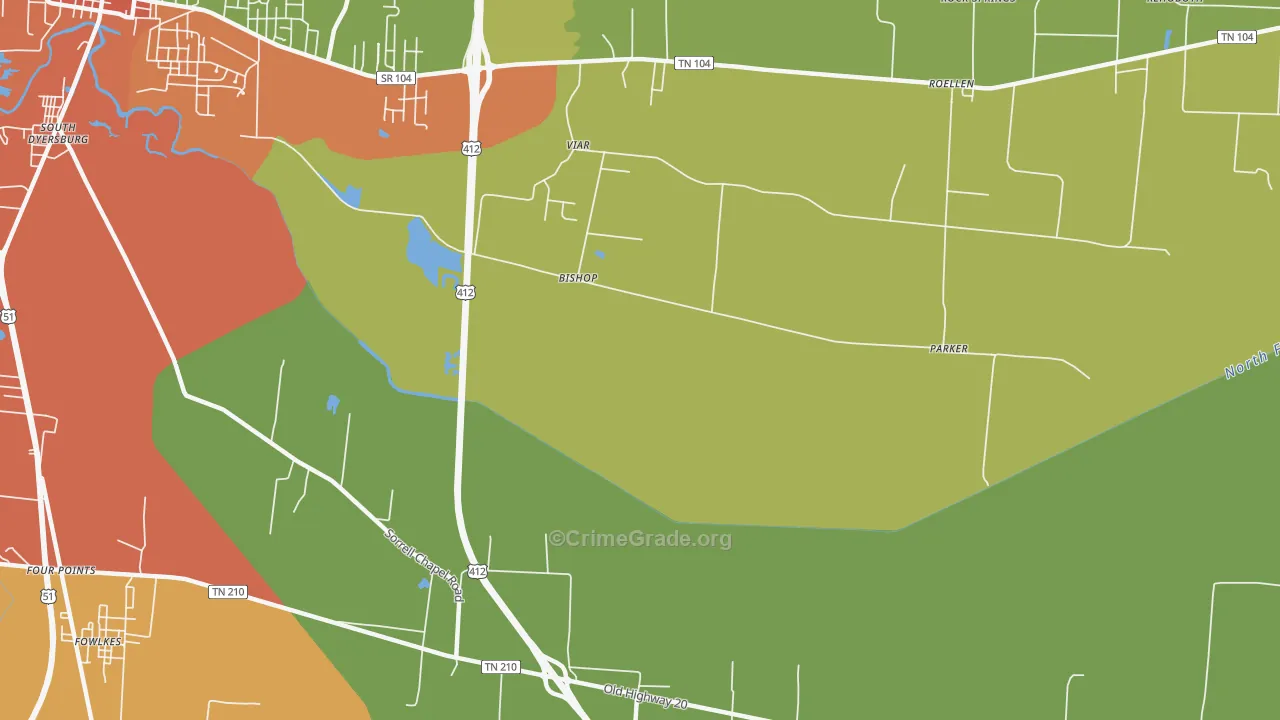 Bishop, TN Map of Robbery Rates