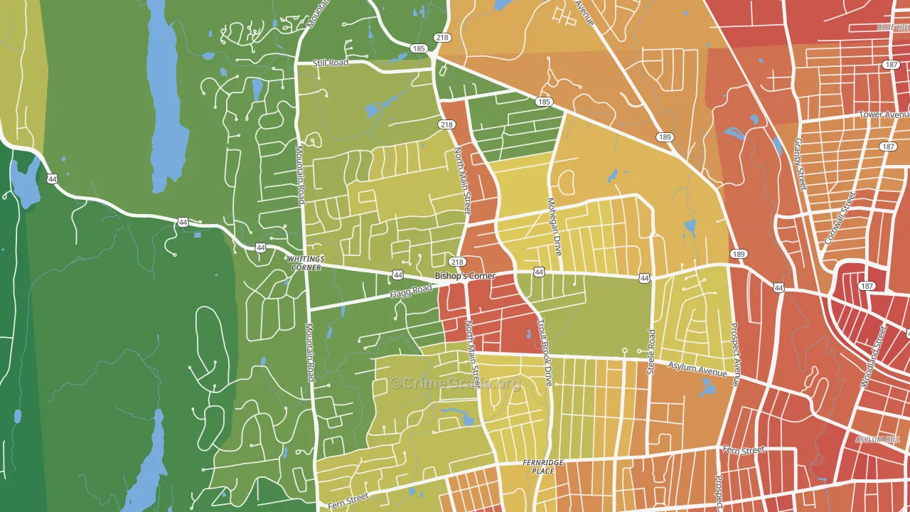 Bishops Corner, West Hartford, CT Map of Robbery Rates
