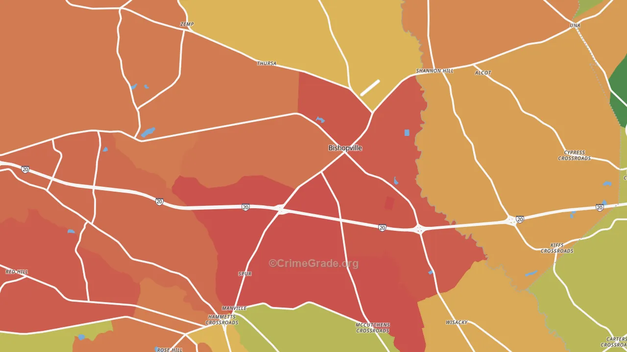 Bishopville, SC Map of Robbery Rates