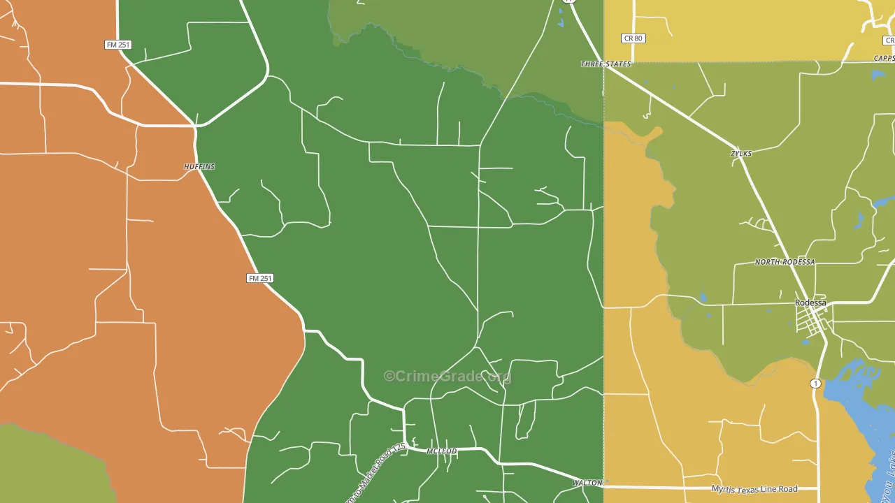 Bivins, TX Map of Robbery Rates