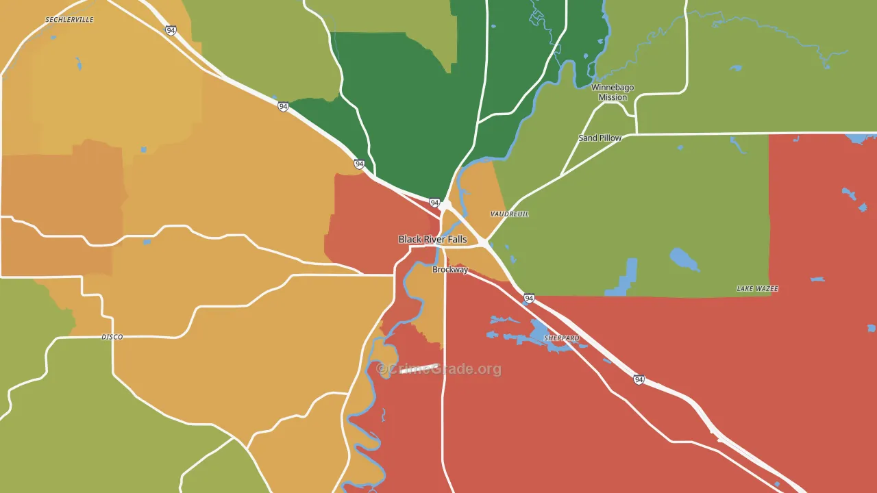 Black River Falls, WI Map of Robbery Rates
