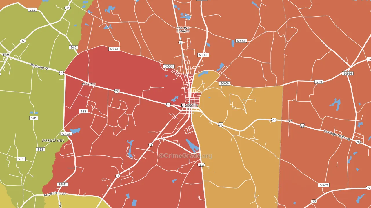 Blackville, SC Map of Robbery Rates