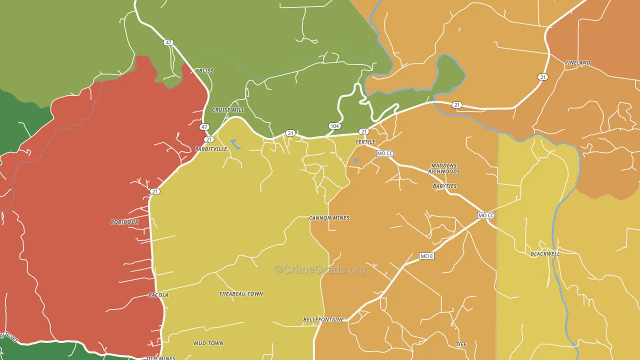 Blackwell, MO Map of Robbery Rates