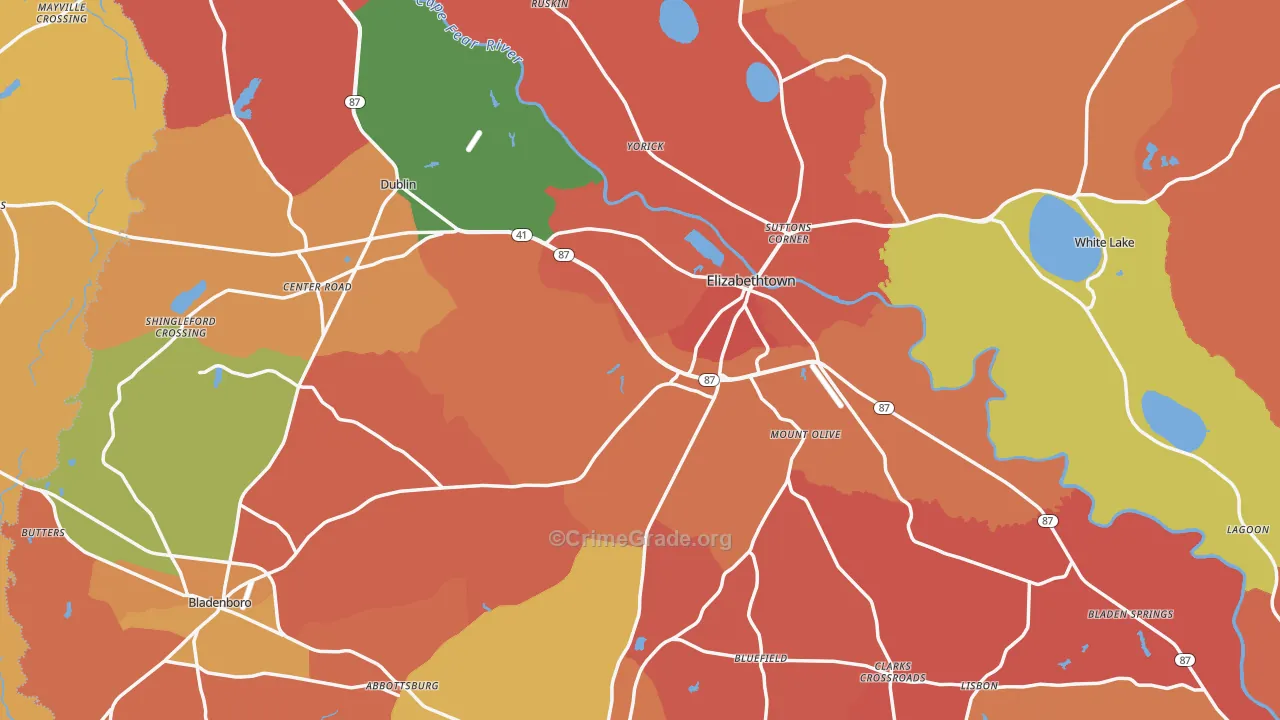 Bladen County, NC Map of Robbery Rates