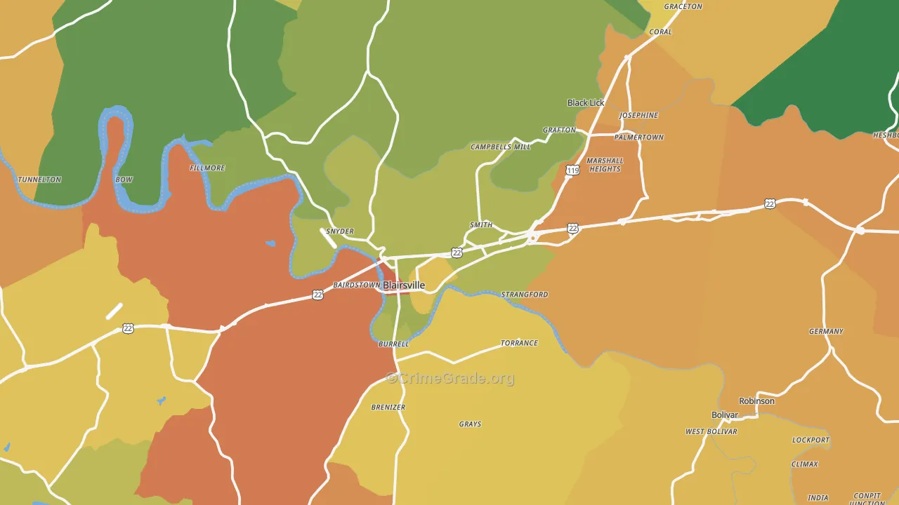Blairsville, PA Map of Robbery Rates